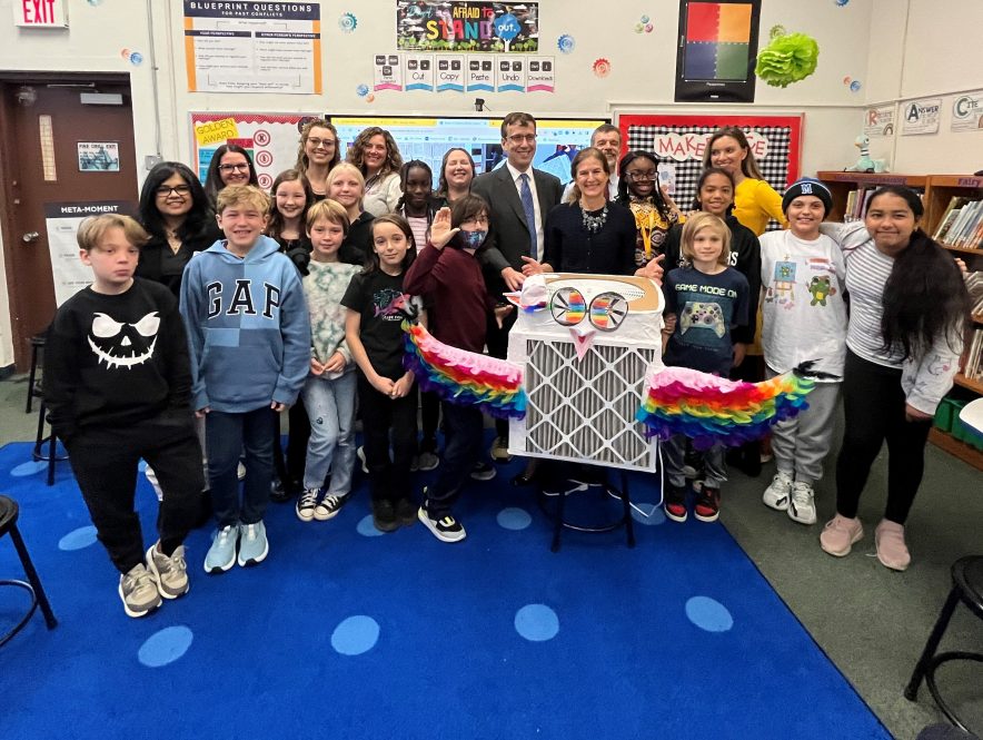 After the EPA released its exciting testing results about the power of D-I-Y air filters, Lt. Governor Susan Bysiewicz took a celebratory photo with 5th graders at Macdonough Elementary School in Middletown, Conn. along with State Sen. Matt Lesser, and researchers from the EPA and UConn's Indoor Air Quality Initiative.