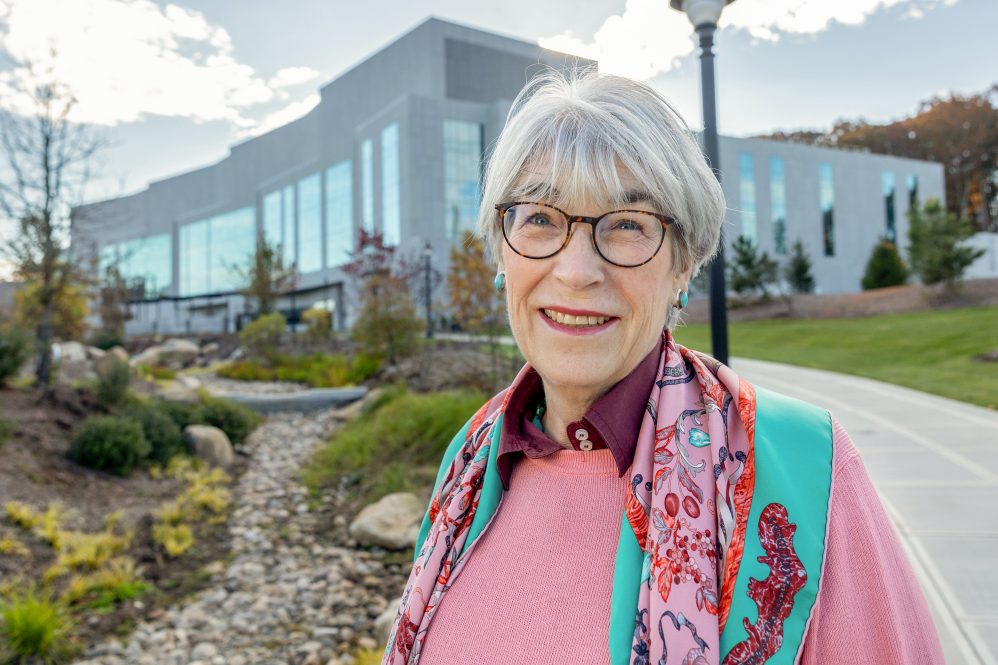 Associate Vice President, Master Planner and Chief Architect of University Planning Design & Construction Laura Cruickshank poses for a photo outside Science 1