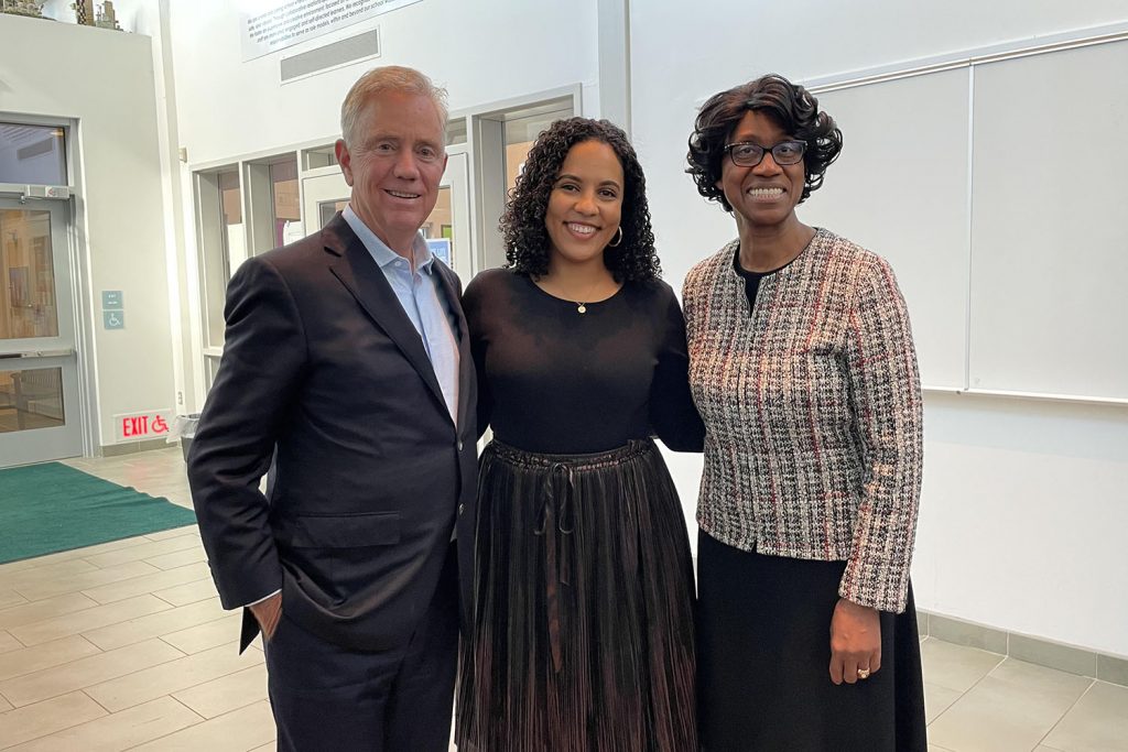 Gov. Ned Lamont, Kiana Foster-Mauro, and Education Commissioner Charlene M. Russell-Tucker