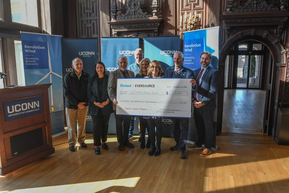 From left, Bruce Flax, president of the Greater Mystic Chamber of Commerce; Nicole Verdi, head of Government Affairs & Policy for New England Ørsted; UConn Professor and Marine Sciences Department Head Evan Ward; Michael Ausere, vice president of Business Development at Eversource Energy; state Sen. Heather Somers, UConn Avery Point Campus Director Annemarie Seifert; and Hank Webster, deputy commissioner of energy at the Connecticut Department of Energy and Environmental Protection.