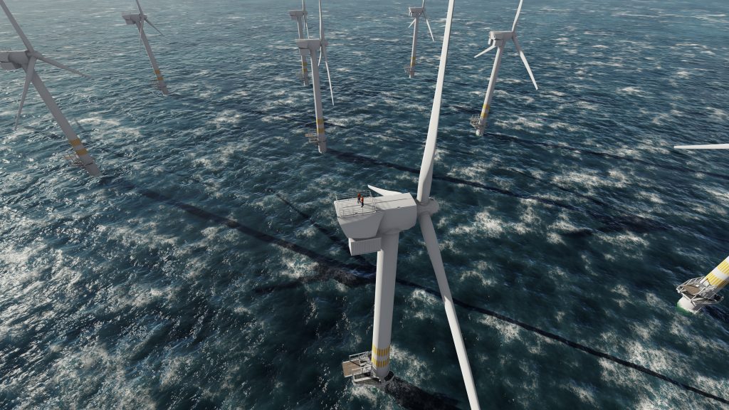 Two offshore workers on the top of an offshore wind turbine.