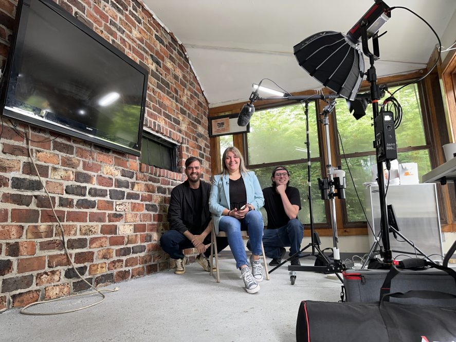 Oscar Guerra, the award-winning filmmaker and associate professor of film and video at UConn Stamford, with Christopher Orrico ’23 (SFA), Guerra's director of photography, and Ruth - the main participant in Guerra's new documentary project focused on mental health in the Latino community.