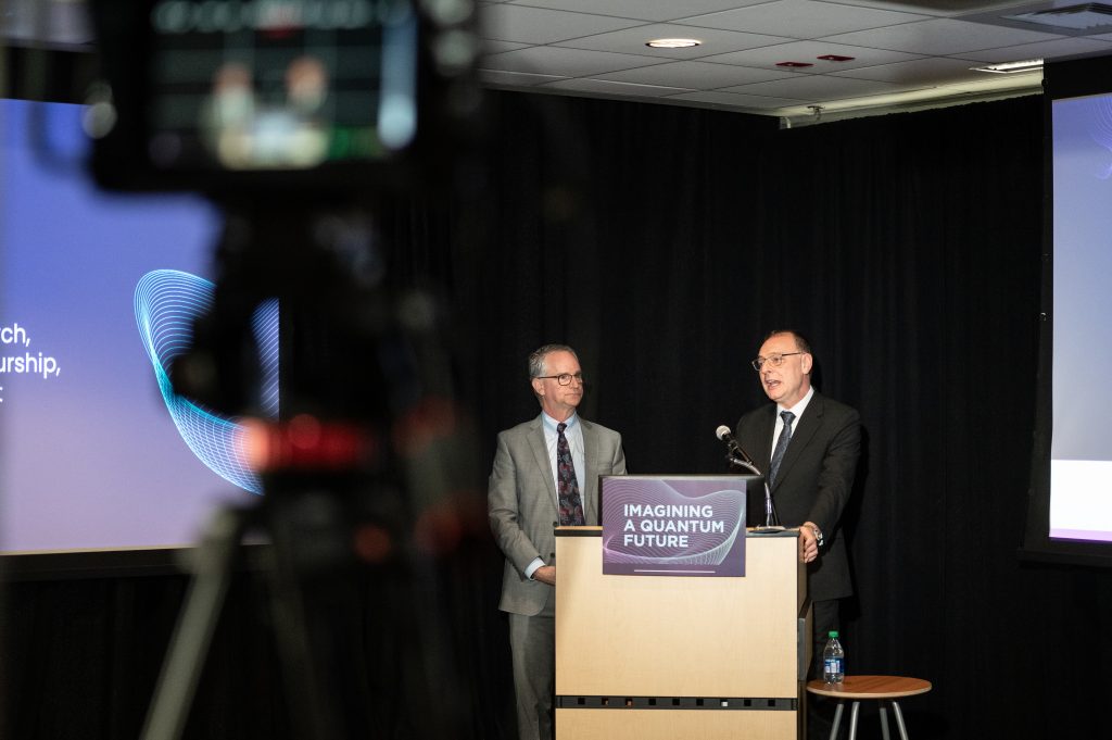 Yale University's Provost for Research Michael Crair and UConn Vice President for Research, Innovation & Entrepreneurship Pamir Alpay speak at the Imagining a Quantum Future event in Hartford.