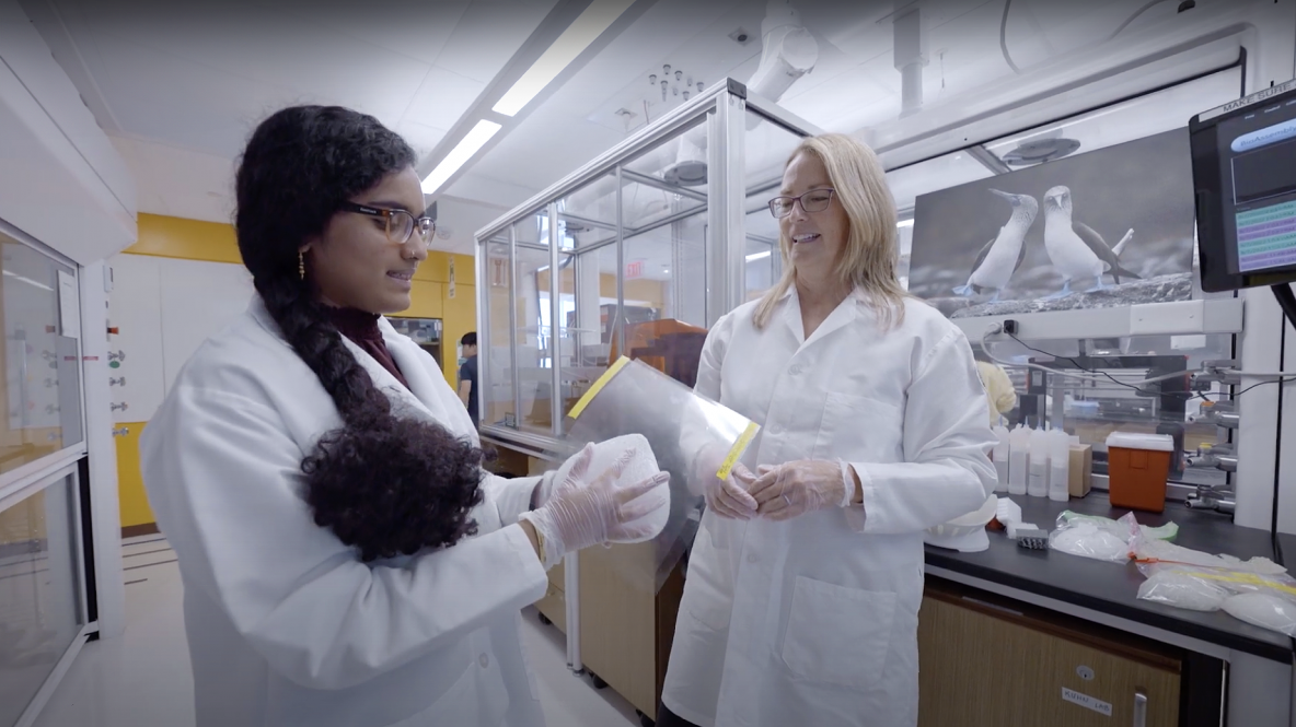 Professor of Biomedical Engineering Liisa Kuhn and a student