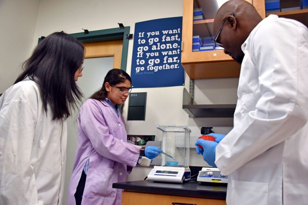 Chelsea Garcia, a graduate student studying in the Department of Nutritional Sciences in the College of Agriculture, Health and Natural Resources, demonstrates lab techniques to fellow graduate students Oliver Otoko and Lidan Gao in the Blesso Lab in the Advanced Technology Laboratory (ATL). Oct. 6, 2023. (Jason Sheldon/UConn Photo)