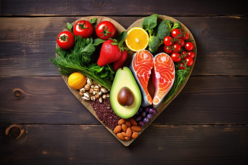 A colorful and healthy assortment of fruits and vegetables arranged in the shape of a heart