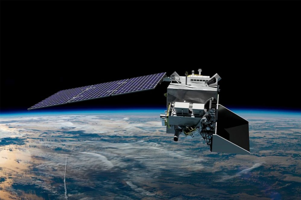 A digital rendering shows the instruments and associated equipment that will be included on board the PACE spacecraft.