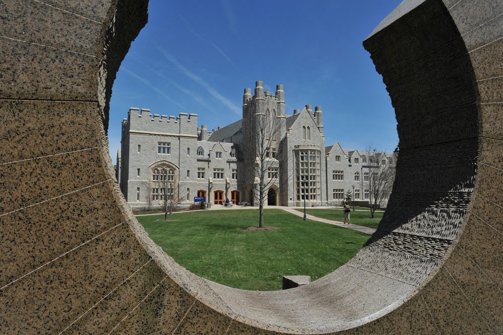 UConn Law Library viewed through Middle Path sculpture