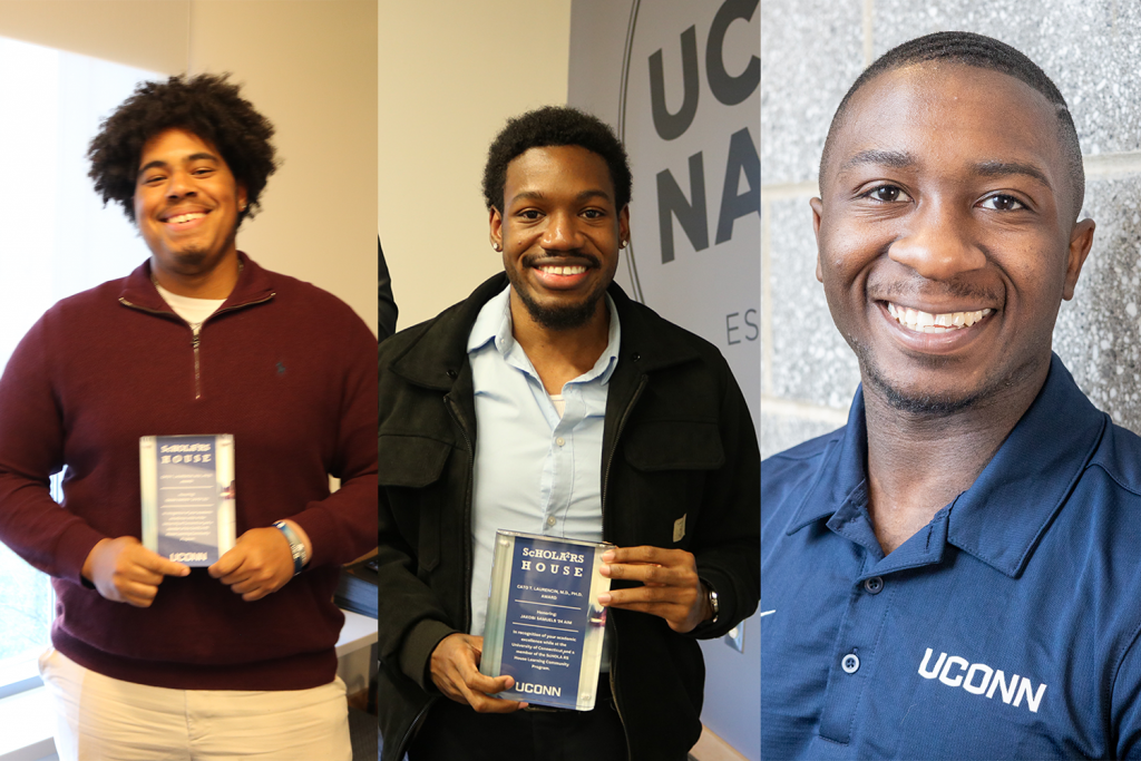 A collage of Isaiah Harvey, Jakobi Samuels, and Samuel Agyei. Both Isaiah and Jakobi are holding awards from ScHOLARS House