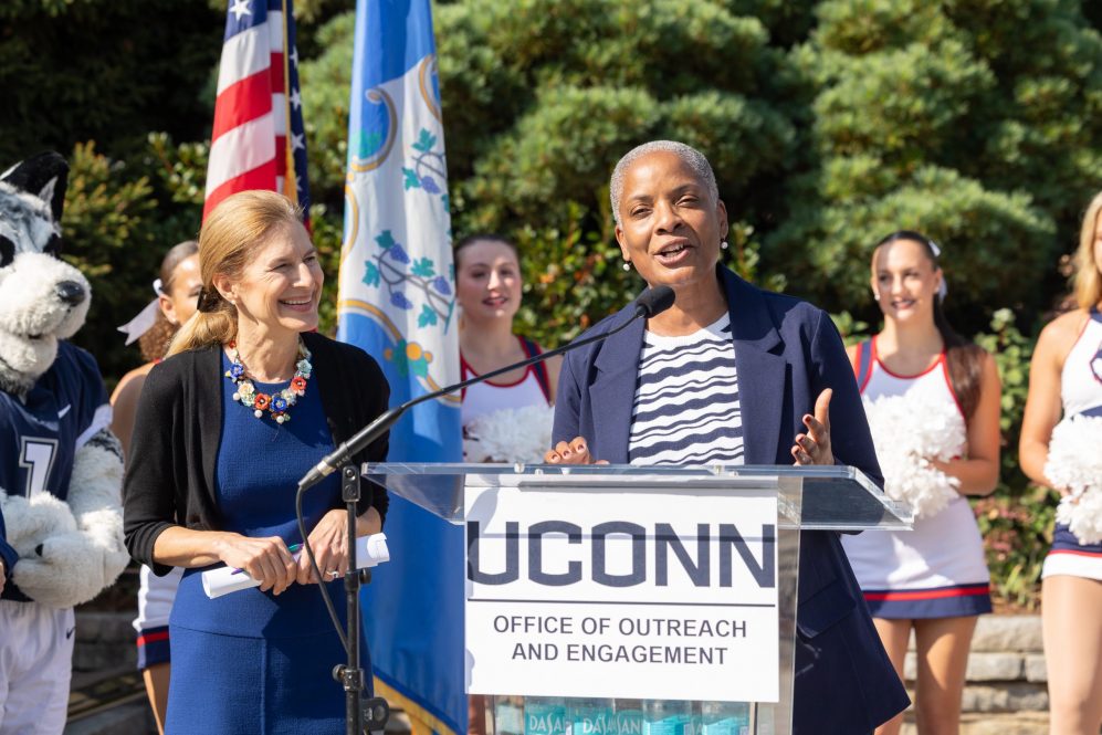 Connecticut Secretary of the State Stephanie Thomas speaks during a press conference to kick off National Voter Registration Day in front of the Jonathan statue