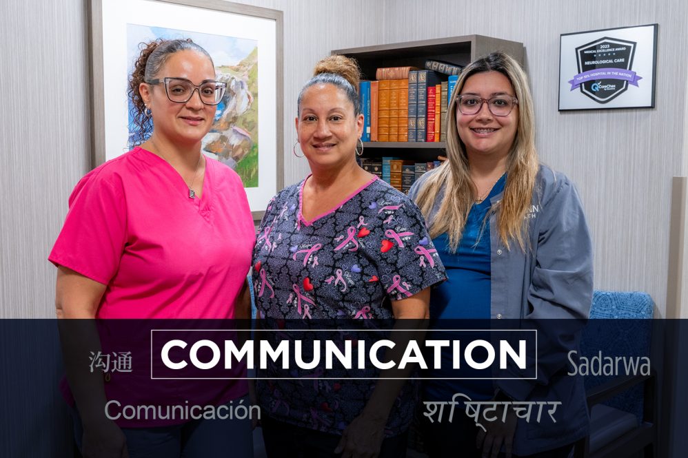 three-woman portrait labeled "Communication" in multiple languages