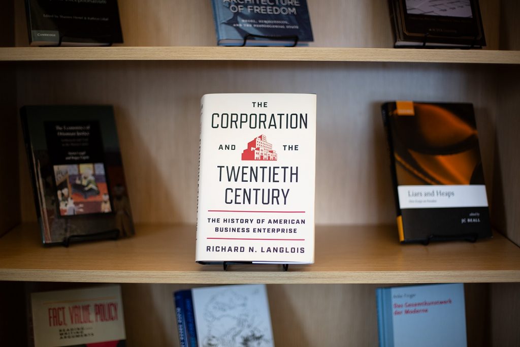 A photo of the book The Corporation and the Twentieth Century by Dick Langlois, professor and head of economics.