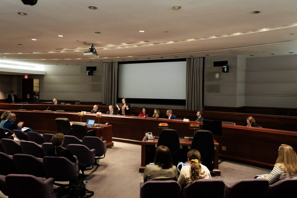 State Rep. Jaime Foster providing opening remarks during the first annual Moving Beyond Implications: Policy into Research conference at the Legislative Office Building in Hartford on January 9, 2024.