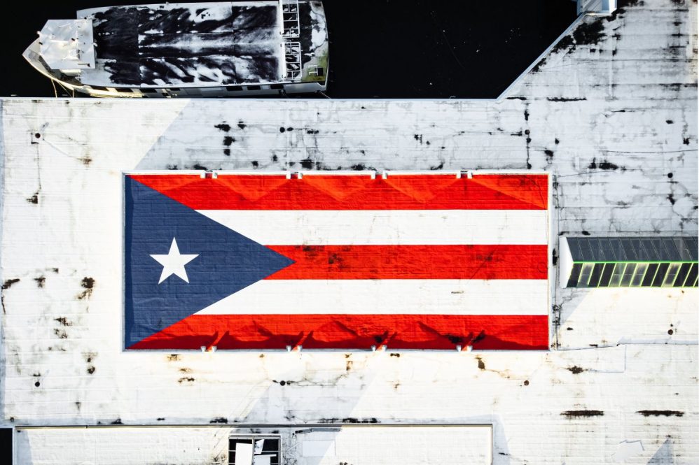 Aerial view of a mural of the Puerto Rican flag