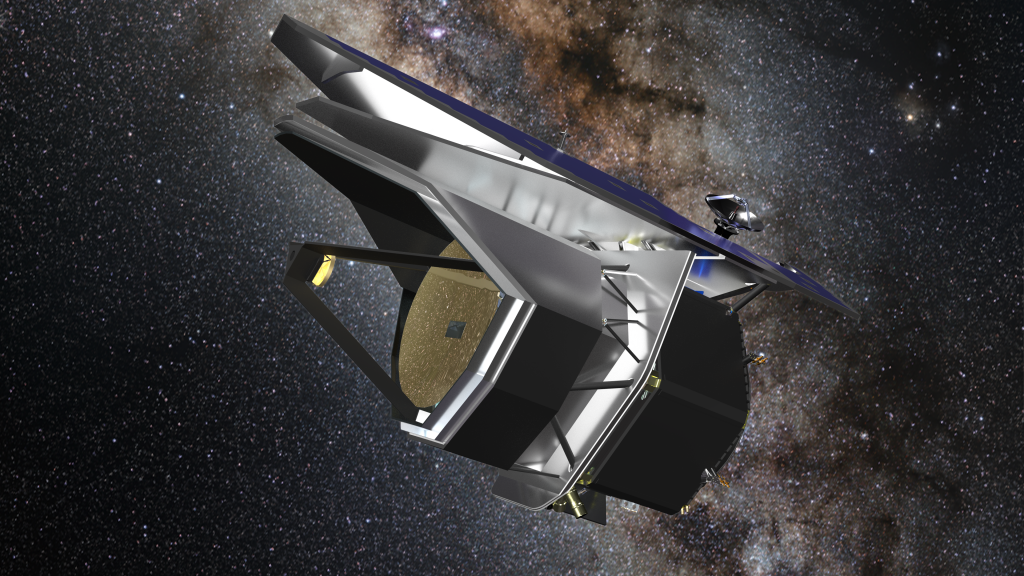 Artist's rendering of an angular, metallic probe floating against a backdrop of space.