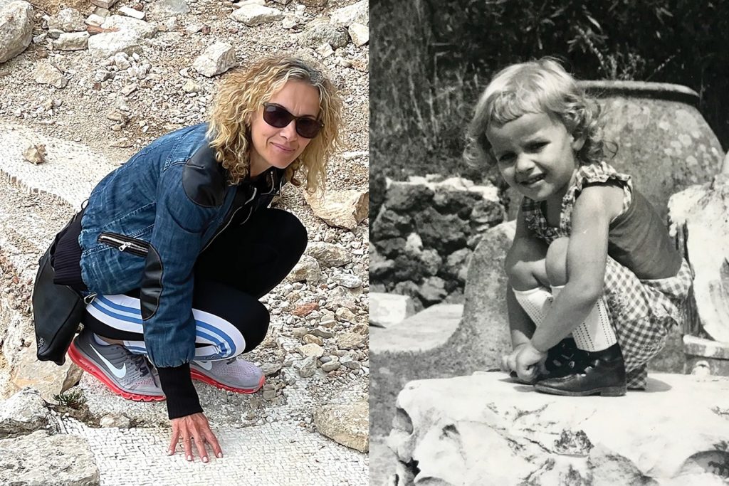 Tiziana Matarazzo as a child and adult standing on ancient roman grounds