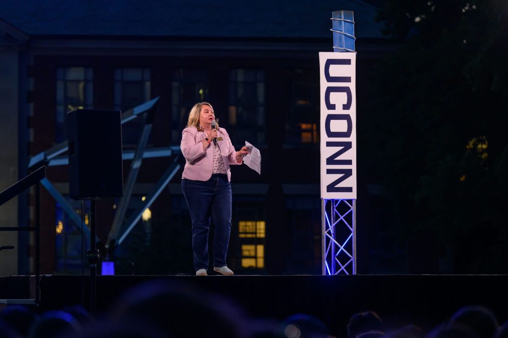 Fany Hannon, dean of students, speaks during the Convocation ceremony held on the Student Union Mall