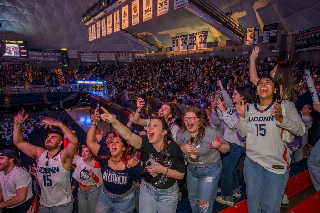 UConn basketball fans in Gampel Pavilion.