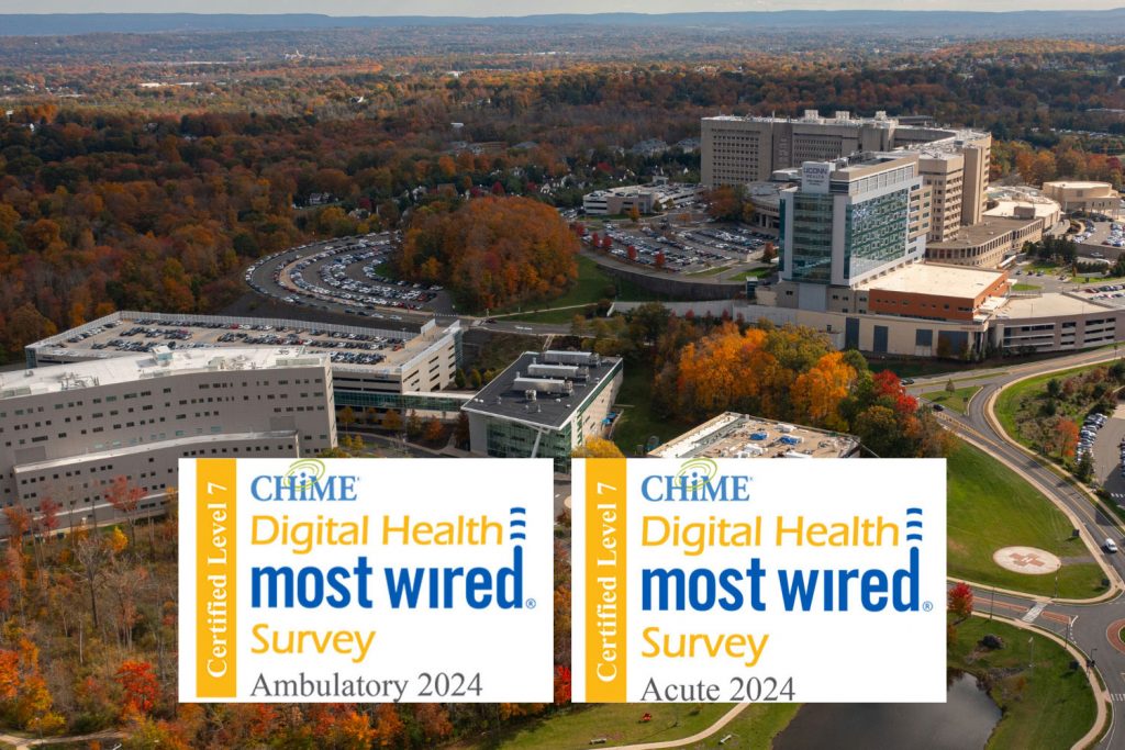 'Most Wired' badges over drone shot of UConn Health campus ('CHIME Digital Health Most Wired Survey' 2024 for Ambulatory and Acute)