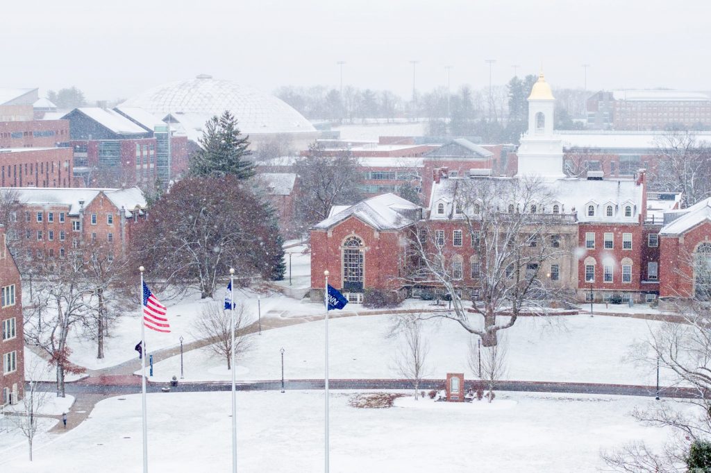 An aerial view of the UConn Storrs campus as it snows