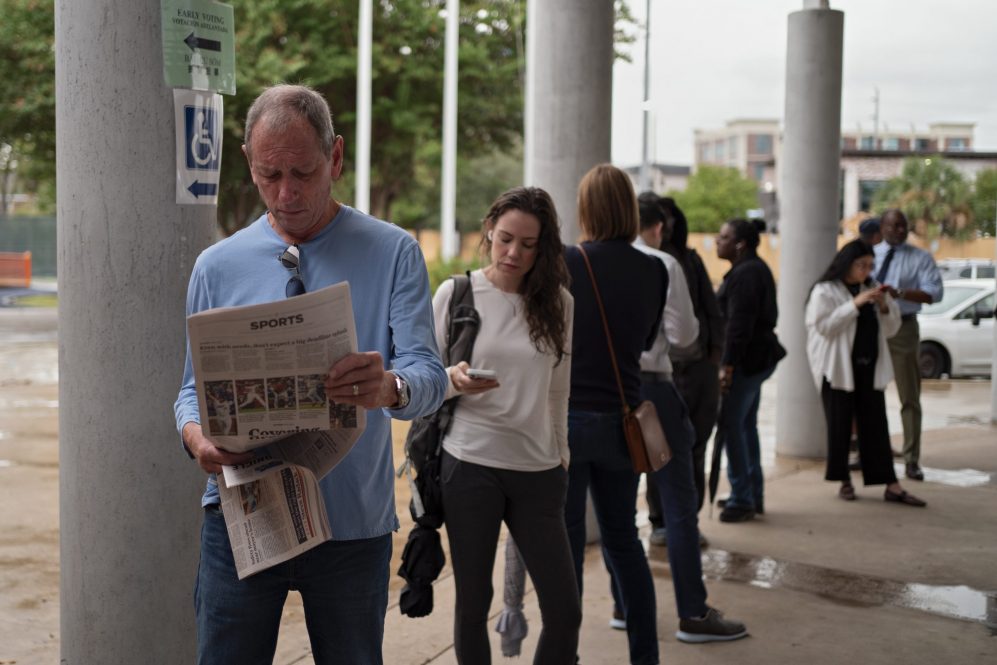 Voters waiting in line before the polls open at the Metropolitan Multi-Service Center on November 5, 2024 in Houston, Texas.