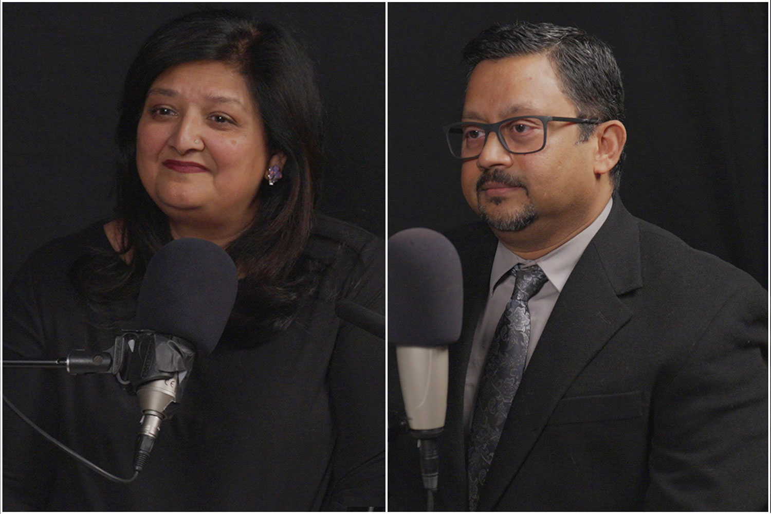 collage Drs. Katechia and Gopalakrishna at microphones